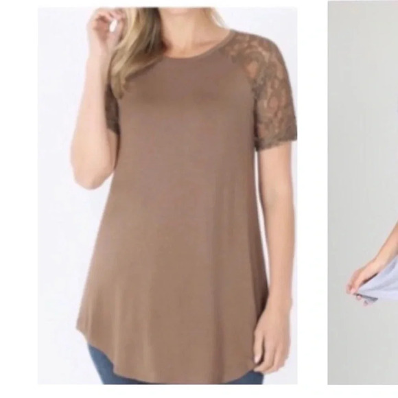 Lace short sleeve top Heather Grey M Mocha L - Picture 3 of 6